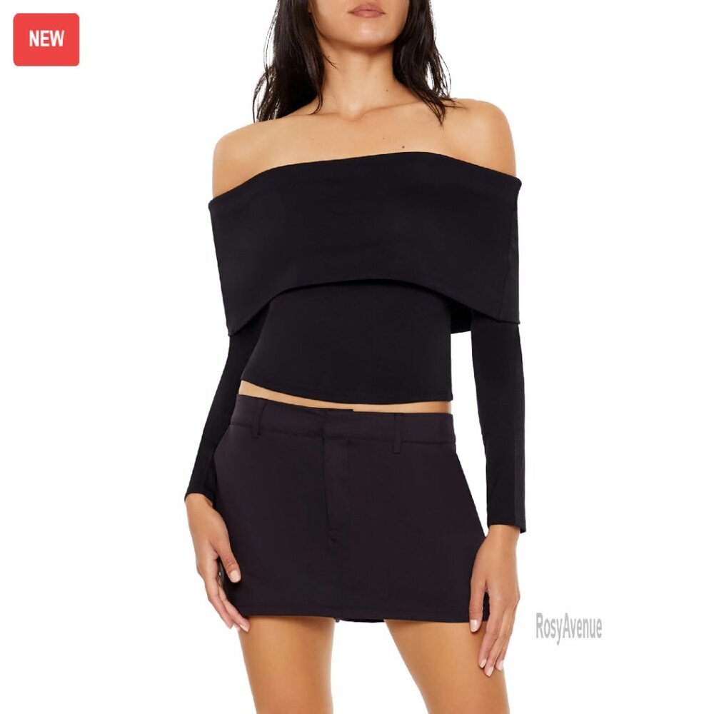 Off-Shoulder Foldover Black Long-Sleeve Crop Top
